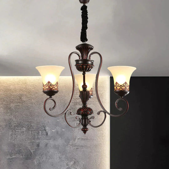 Rural Style Swirled Arm Hanging Chandelier 3/6 - Bulb Metallic Suspended Lighting Fixture In Red