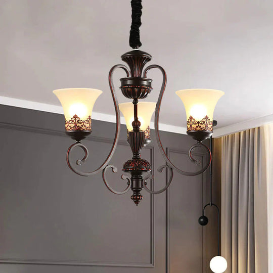 Rural Style Swirled Arm Hanging Chandelier 3/6 - Bulb Metallic Suspended Lighting Fixture In Red