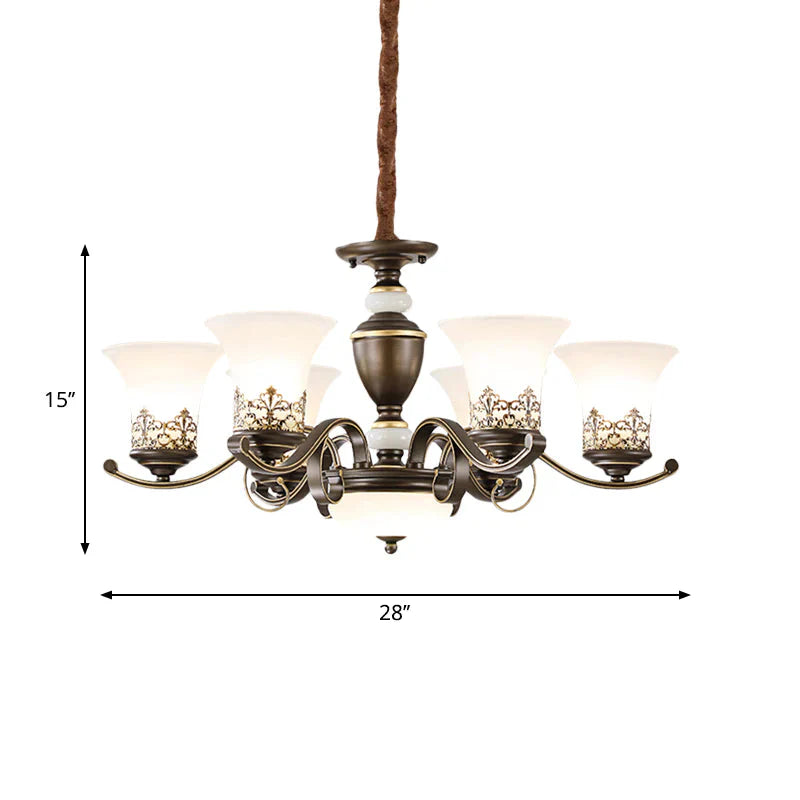 3/6/8 Lights Ceiling Suspension Lamp Rustic Style Bell Shade Cream Glass Chandelier Lighting In