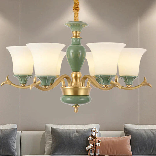 Countryside Green Bell Shaped Frosted Glass Suspension Light 3/6 Bulbs 6 /