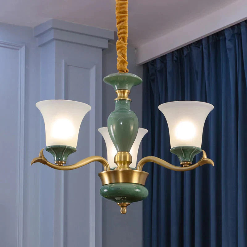 Countryside Green Bell Shaped Frosted Glass Suspension Light 3/6 Bulbs