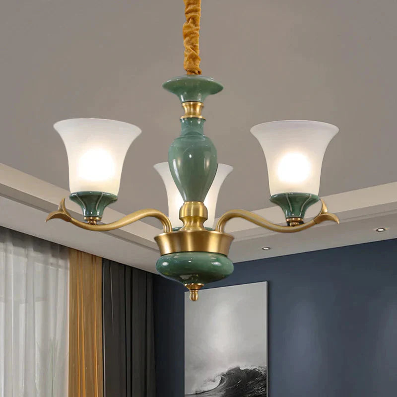 Countryside Green Bell Shaped Frosted Glass Suspension Light 3/6 Bulbs