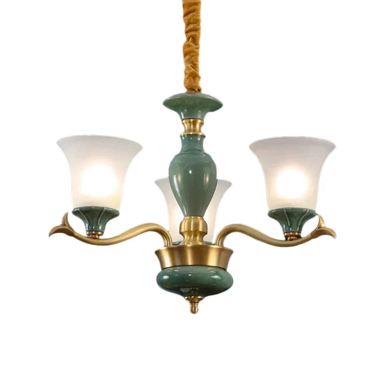 Countryside Green Bell Shaped Frosted Glass Suspension Light 3/6 Bulbs