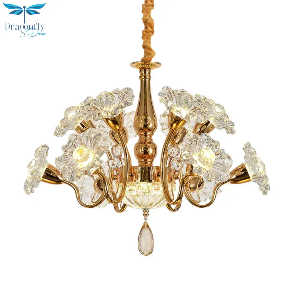 12 Bulbs Swirled Arm Chandelier Traditional Gold Clear 2 - Tier Crystal Flower Shade Ceiling Light