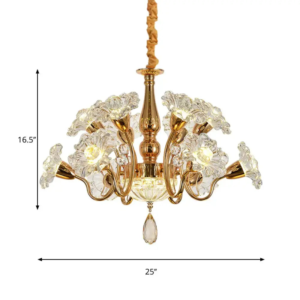 12 Bulbs Swirled Arm Chandelier Traditional Gold Clear 2 - Tier Crystal Flower Shade Ceiling Light