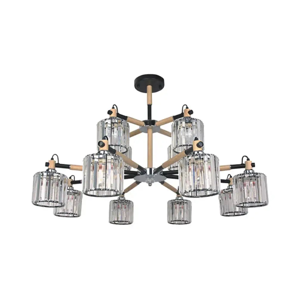 12 Heads Cylinder Chandelier Lighting Traditional Clear Three Sided Crystal Rod Hanging Ceiling
