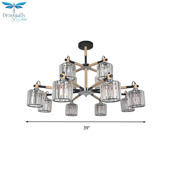 12 Heads Cylinder Chandelier Lighting Traditional Clear Three Sided Crystal Rod Hanging Ceiling