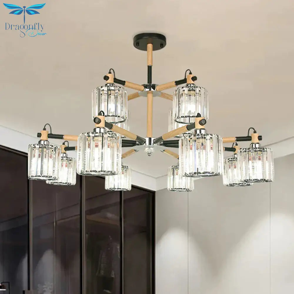 12 Heads Cylinder Chandelier Lighting Traditional Clear Three Sided Crystal Rod Hanging Ceiling