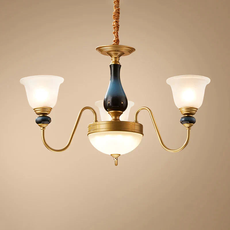 Countryside Style Brass Cream Glass Suspension Lamp In 3/5/6 Lights Floral Shade Pendant Chandelier