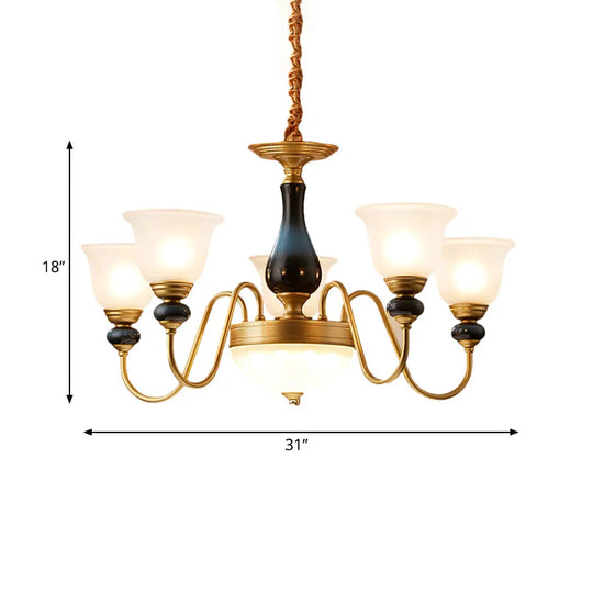 Countryside Style Brass Cream Glass Suspension Lamp In 3/5/6 Lights Floral Shade Pendant Chandelier