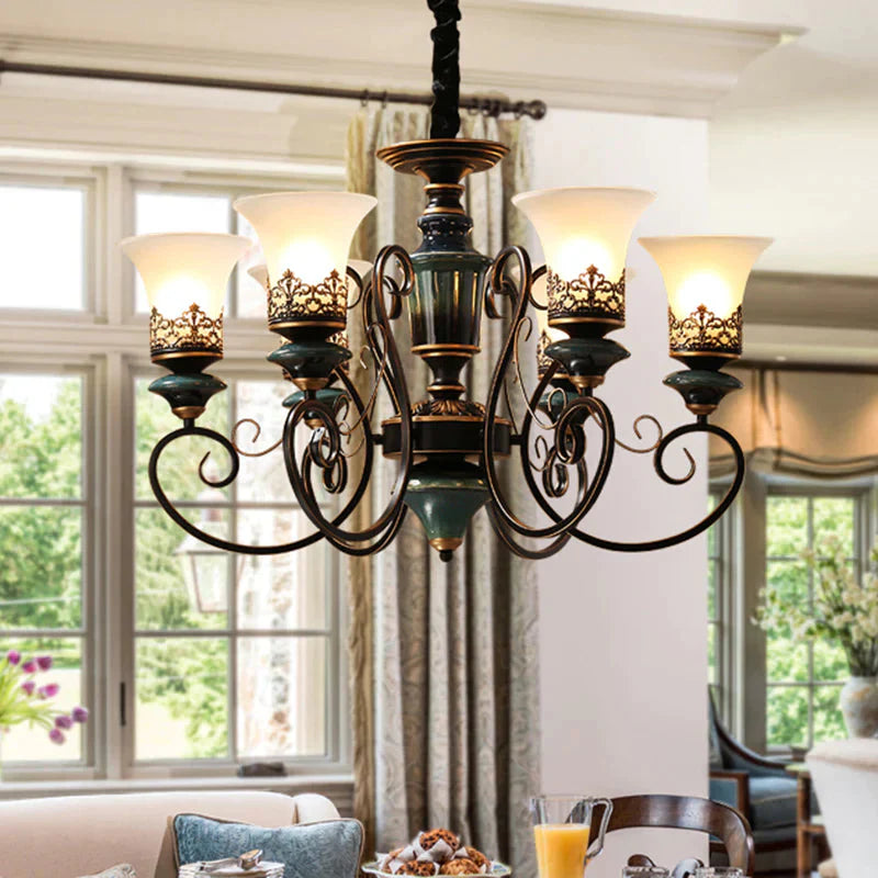 Industrial Style 3/5/6 - Bulb Chandelier With Bell Shade Opal Glass Rural Guest Room Suspension