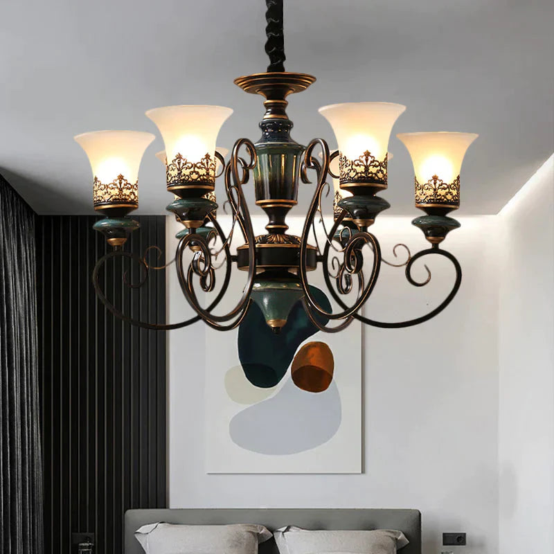 Industrial Style 3/5/6 - Bulb Chandelier With Bell Shade Opal Glass Rural Guest Room Suspension