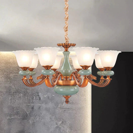 Vintage Style Floral Shaped Pendant Chandelier 6/8 - Bulb Cream Glass Suspension Lighting In Brown