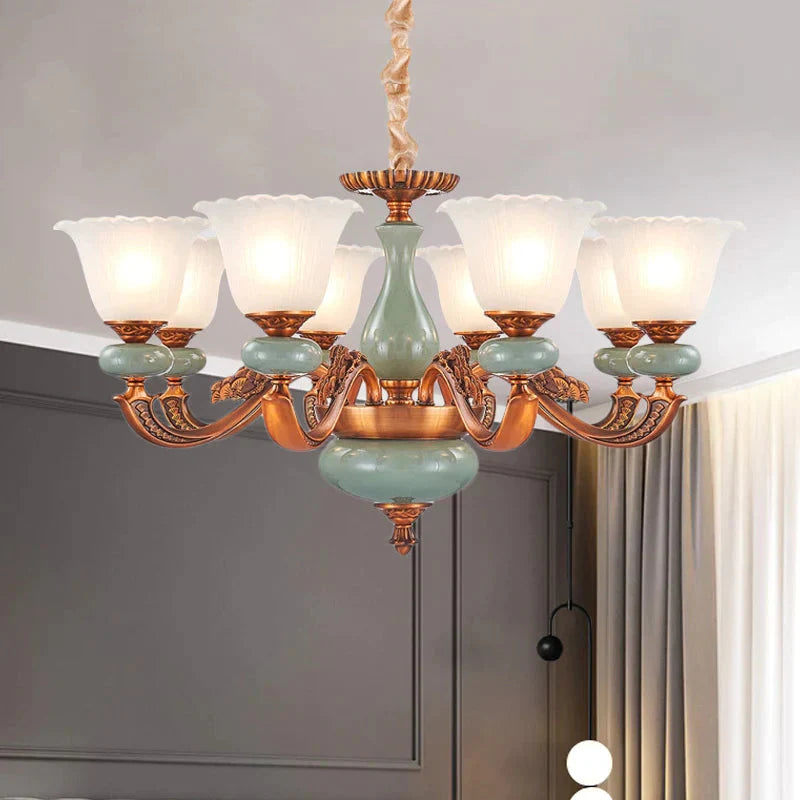 Vintage Style Floral Shaped Pendant Chandelier 6/8 - Bulb Cream Glass Suspension Lighting In Brown