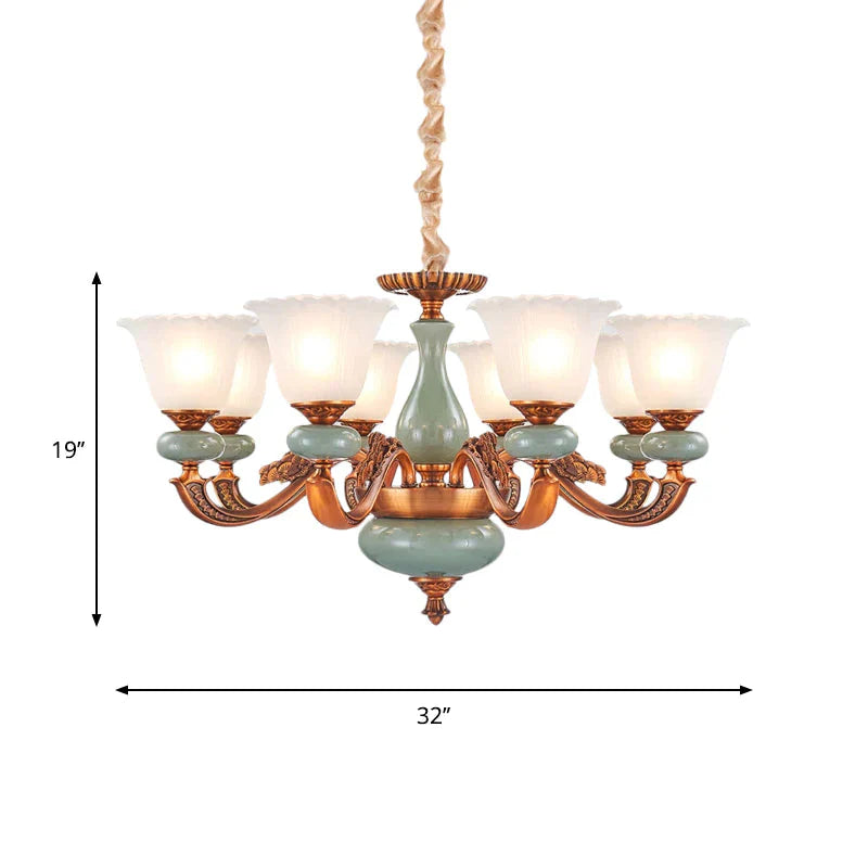 Vintage Style Floral Shaped Pendant Chandelier 6/8 - Bulb Cream Glass Suspension Lighting In Brown