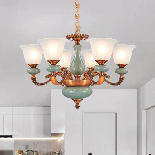 Vintage Style Floral Shaped Pendant Chandelier 6/8 - Bulb Cream Glass Suspension Lighting In Brown