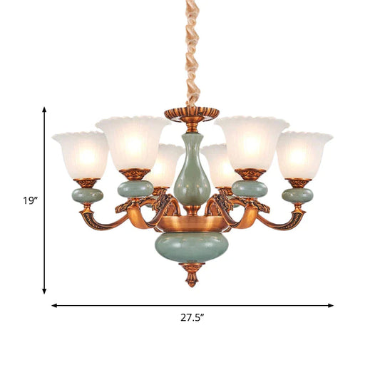 Vintage Style Floral Shaped Pendant Chandelier 6/8 - Bulb Cream Glass Suspension Lighting In Brown