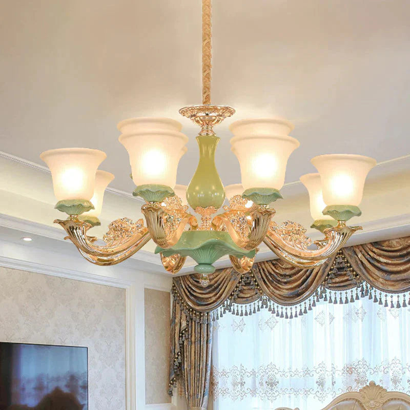 8/12 Lights Flared Shade Suspension Pendant Traditional Style Green Opal Glass Chandelier Lighting