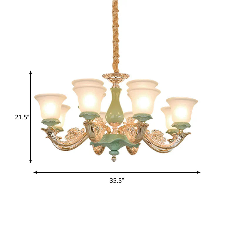 8/12 Lights Flared Shade Suspension Pendant Traditional Style Green Opal Glass Chandelier Lighting