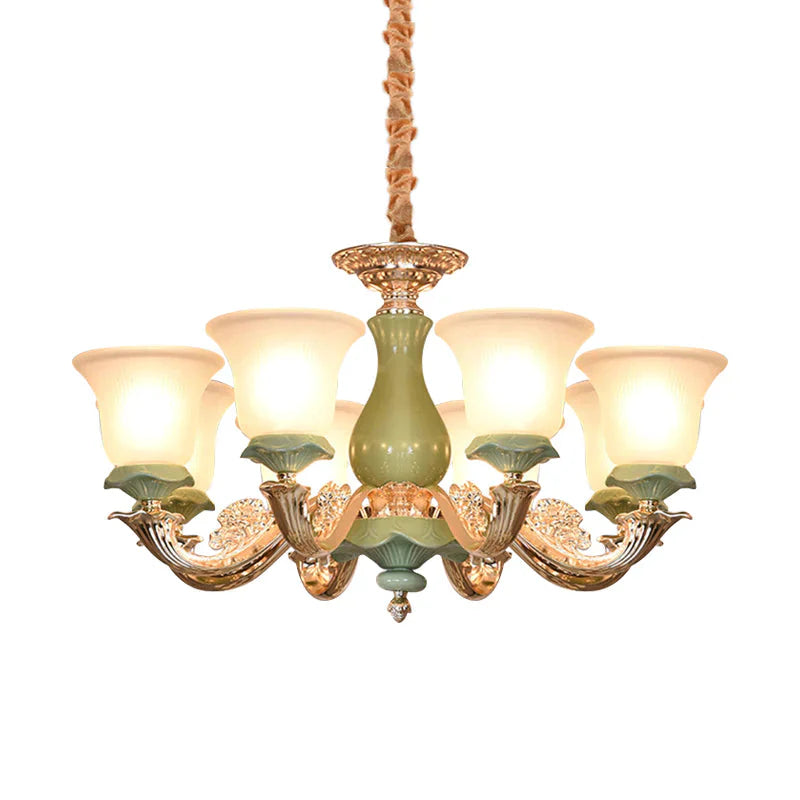 8/12 Lights Flared Shade Suspension Pendant Traditional Style Green Opal Glass Chandelier Lighting
