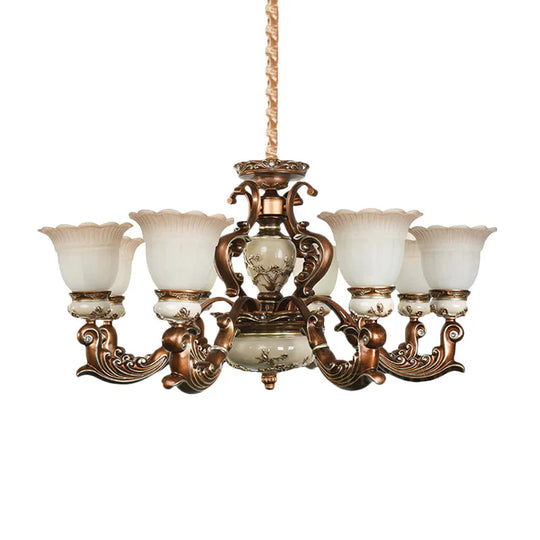 Brown 6/8 Heads Ceiling Chandelier Traditional Style Milky Glass Flower Shaped Hanging Pendant