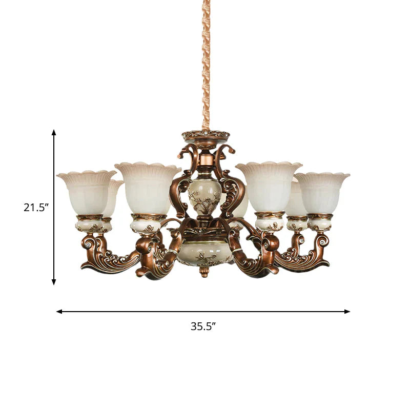 Brown 6/8 Heads Ceiling Chandelier Traditional Style Milky Glass Flower Shaped Hanging Pendant