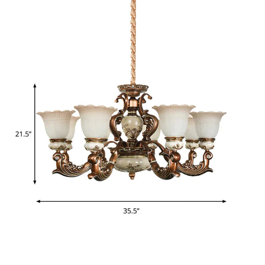 Brown 6/8 Heads Ceiling Chandelier Traditional Style Milky Glass Flower Shaped Hanging Pendant