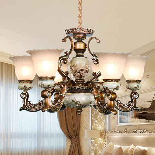 Brown 6/8 Heads Ceiling Chandelier Traditional Style Milky Glass Flower Shaped Hanging Pendant