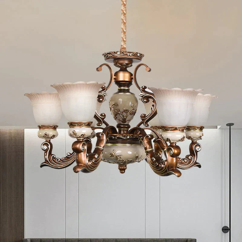 Brown 6/8 Heads Ceiling Chandelier Traditional Style Milky Glass Flower Shaped Hanging Pendant
