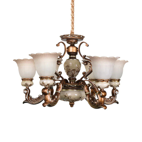 Brown 6/8 Heads Ceiling Chandelier Traditional Style Milky Glass Flower Shaped Hanging Pendant