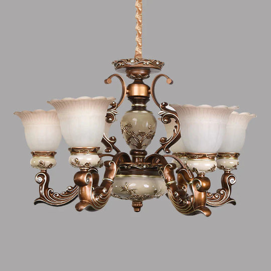 Brown 6/8 Heads Ceiling Chandelier Traditional Style Milky Glass Flower Shaped Hanging Pendant