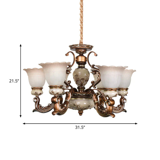 Brown 6/8 Heads Ceiling Chandelier Traditional Style Milky Glass Flower Shaped Hanging Pendant