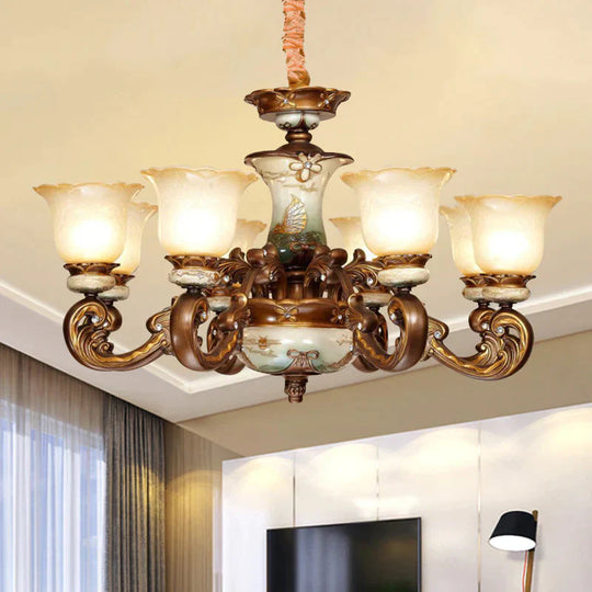Traditional Floral Shade Chandelier Light 6/8 Lights Cream Glass Suspended Lighting Fixture In