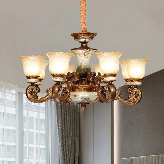 Traditional Floral Shade Chandelier Light 6/8 Lights Cream Glass Suspended Lighting Fixture In Brown