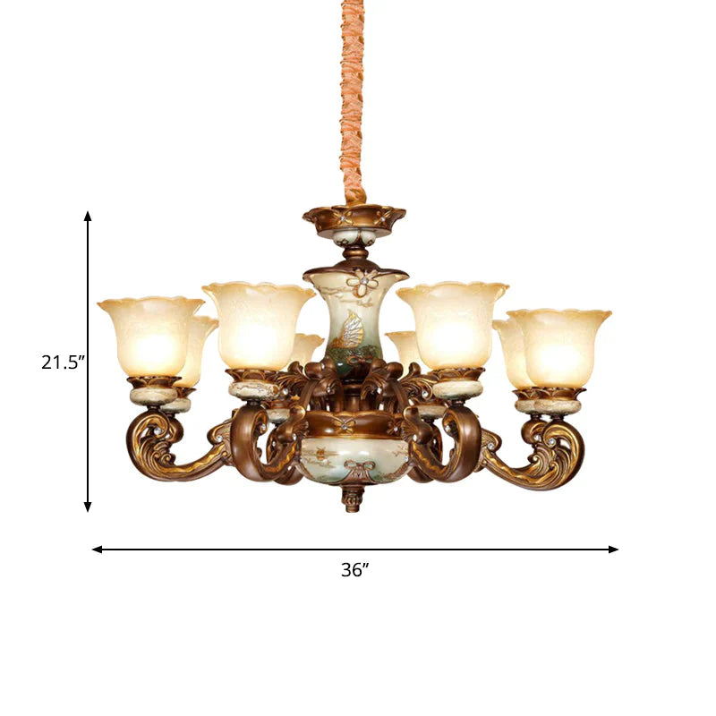 Traditional Floral Shade Chandelier Light 6/8 Lights Cream Glass Suspended Lighting Fixture In Brown