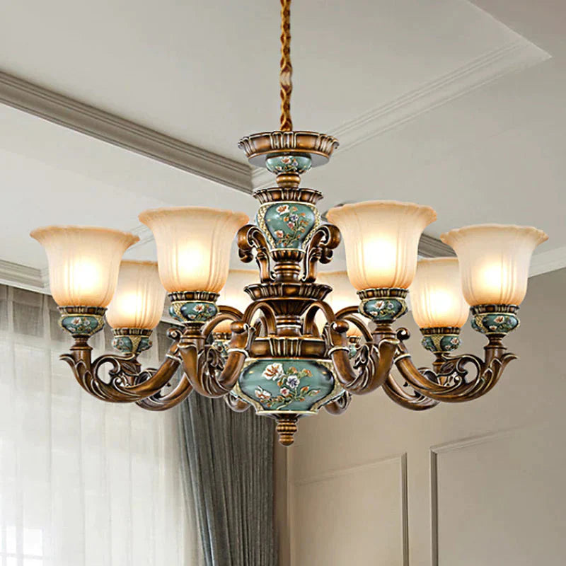 6/8 - Bulb Suspension Pendant Light Antique Style Blossom Shaped Opal Glass Chandelier Fixture In