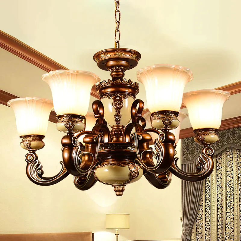 Curvy Arm Living Room Suspension Lighting Antiqued Metallic 6/8 Heads Brown Pendant Chandelier