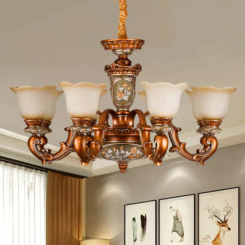 6/8 - Head Cream Glass Chandelier Lighting Vintage Brown Floral Shaped Dining Room Ceiling Pendant