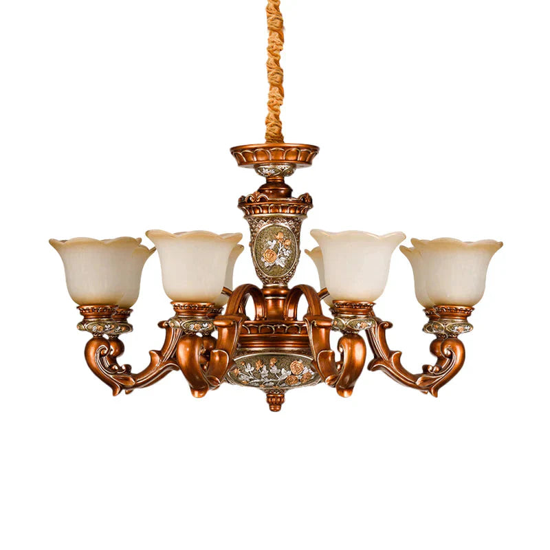 6/8 - Head Cream Glass Chandelier Lighting Vintage Brown Floral Shaped Dining Room Ceiling Pendant