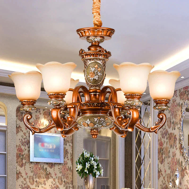 6/8 - Head Cream Glass Chandelier Lighting Vintage Brown Floral Shaped Dining Room Ceiling Pendant