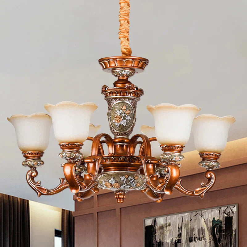 6/8 - Head Cream Glass Chandelier Lighting Vintage Brown Floral Shaped Dining Room Ceiling Pendant