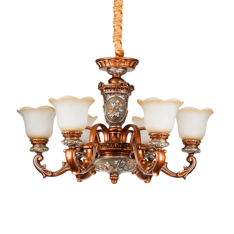 6/8 - Head Cream Glass Chandelier Lighting Vintage Brown Floral Shaped Dining Room Ceiling Pendant