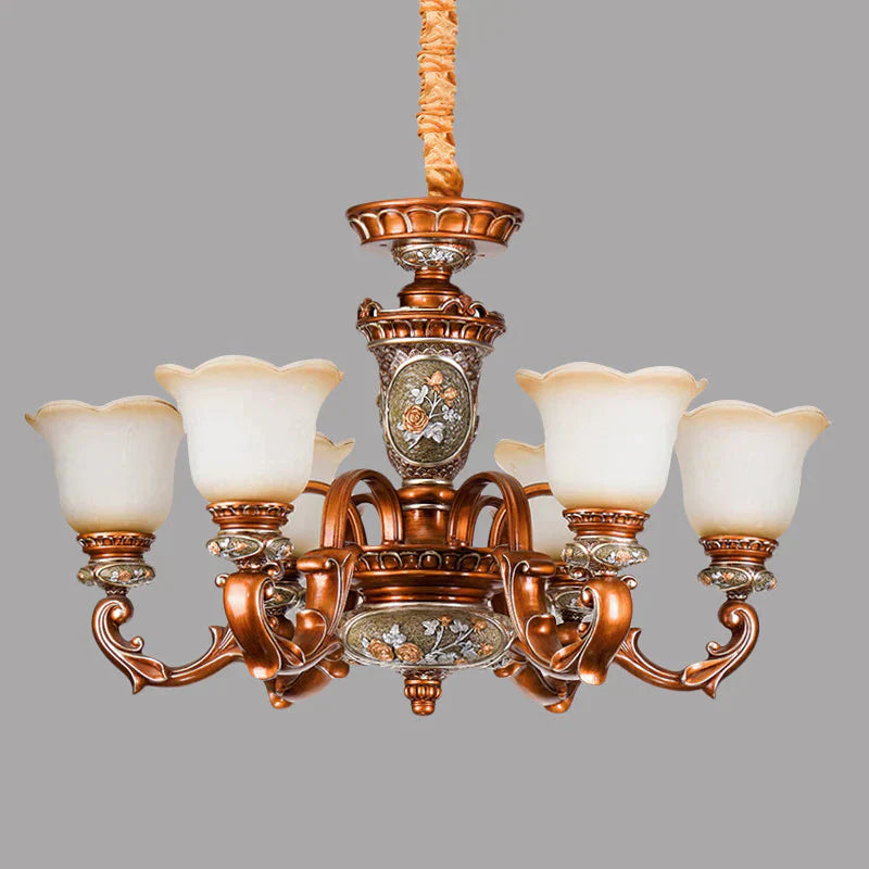 6/8 - Head Cream Glass Chandelier Lighting Vintage Brown Floral Shaped Dining Room Ceiling Pendant