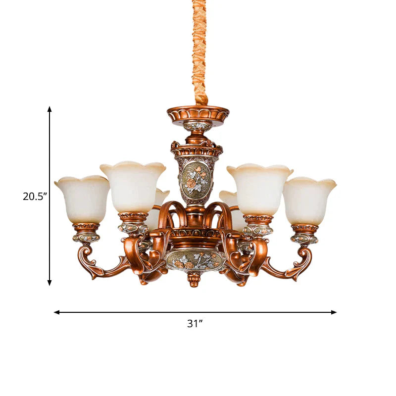 6/8 - Head Cream Glass Chandelier Lighting Vintage Brown Floral Shaped Dining Room Ceiling Pendant