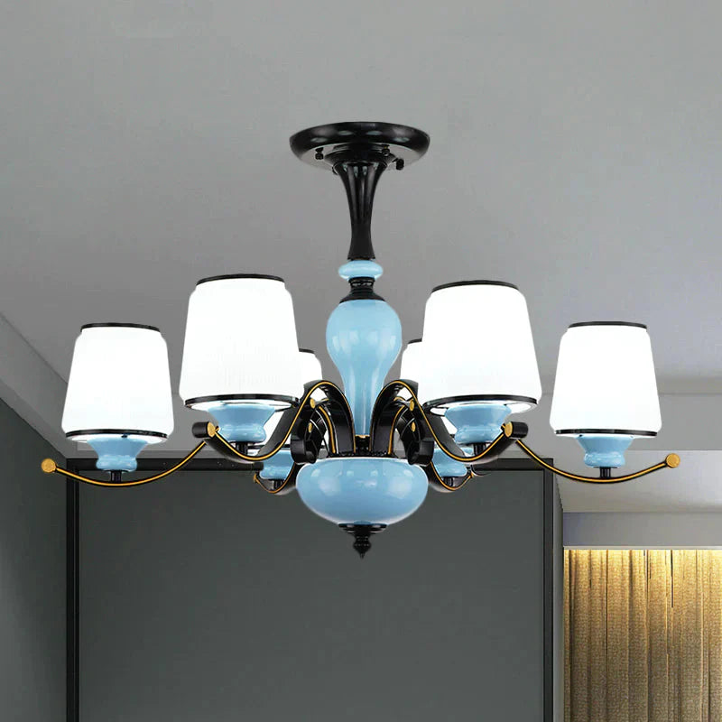 Milky Glass Empire Shade Suspension Pendant Light Countryside Style 3/6/8 - Head Living Room