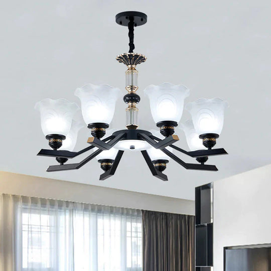 Frosted Glass Black Chandelier Lighting Floral Shade 3/6/8 - Head Rural Style Hanging Pendant Light