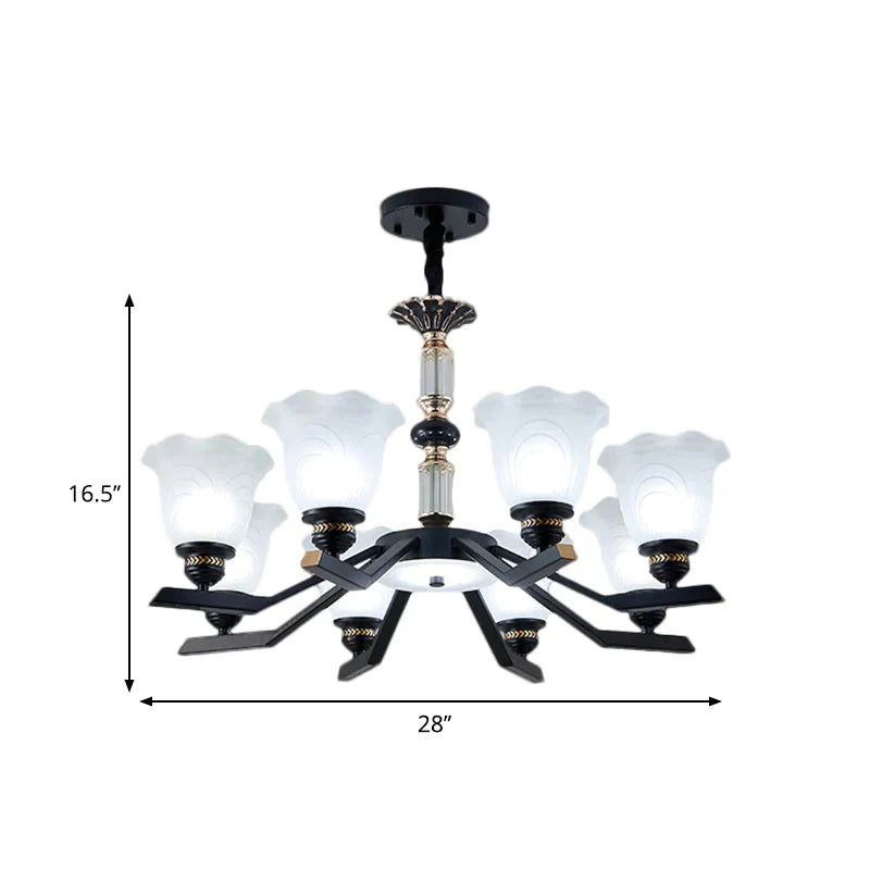 Frosted Glass Black Chandelier Lighting Floral Shade 3/6/8 - Head Rural Style Hanging Pendant Light