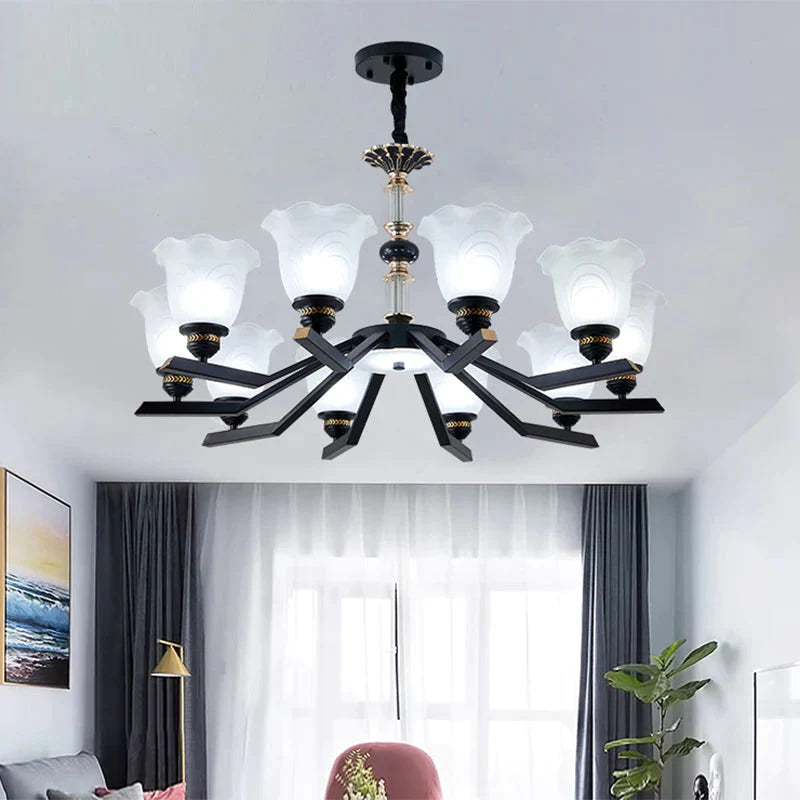Frosted Glass Black Chandelier Lighting Floral Shade 3/6/8 - Head Rural Style Hanging Pendant Light