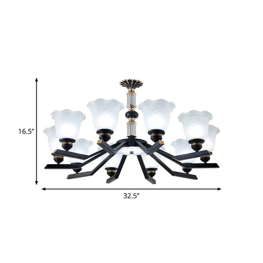 Frosted Glass Black Chandelier Lighting Floral Shade 3/6/8 - Head Rural Style Hanging Pendant Light