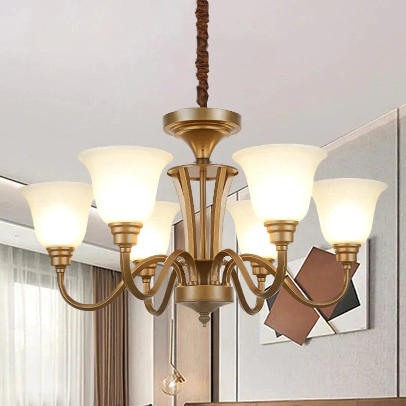 6/8 Lights Bell Shade Pendant Chandelier Traditional Style Brown Frosted Glass Pendulum Light